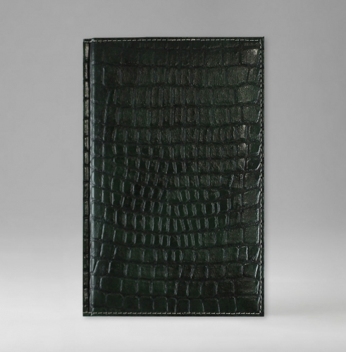Ежедневник, датированный, Классик, белая, серебряный срез, 12х17 см, фиксированный, Принт Кроко, зеленый