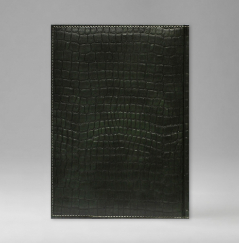 Ежедневник, недатированный, Уникум, белая, серебряный срез, 15х21 см, фиксированный, Принт Кроко, зеленый